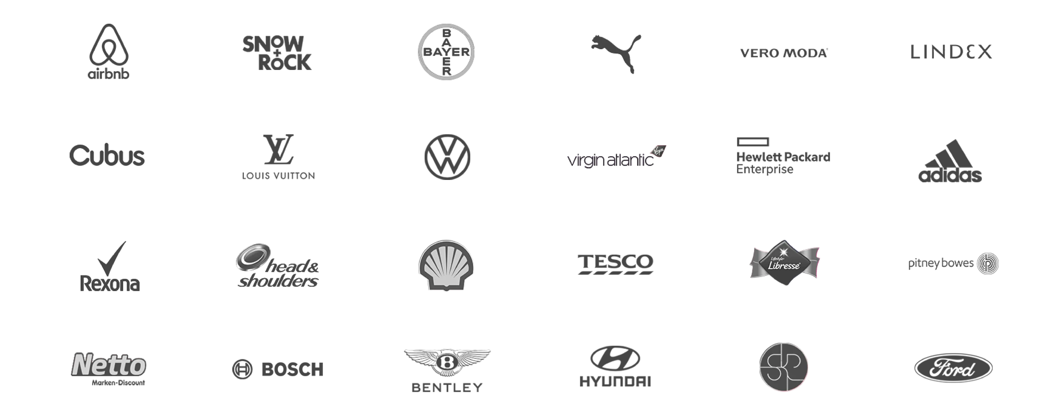 Client logos: Airbnb, Snow+Rock, Bayer, Puma, Vero Moda, Lindex, Cubus, Louis Vuitton, Volkswagen, Virgin Atlantic, Hewlett Packard Enterprise, Adidas, Rexona, Head & Shoulders, Shell, Tesco, Libresse, Pitney Bowes, Netto, Bosch, Bentley, Hyundai, Ford