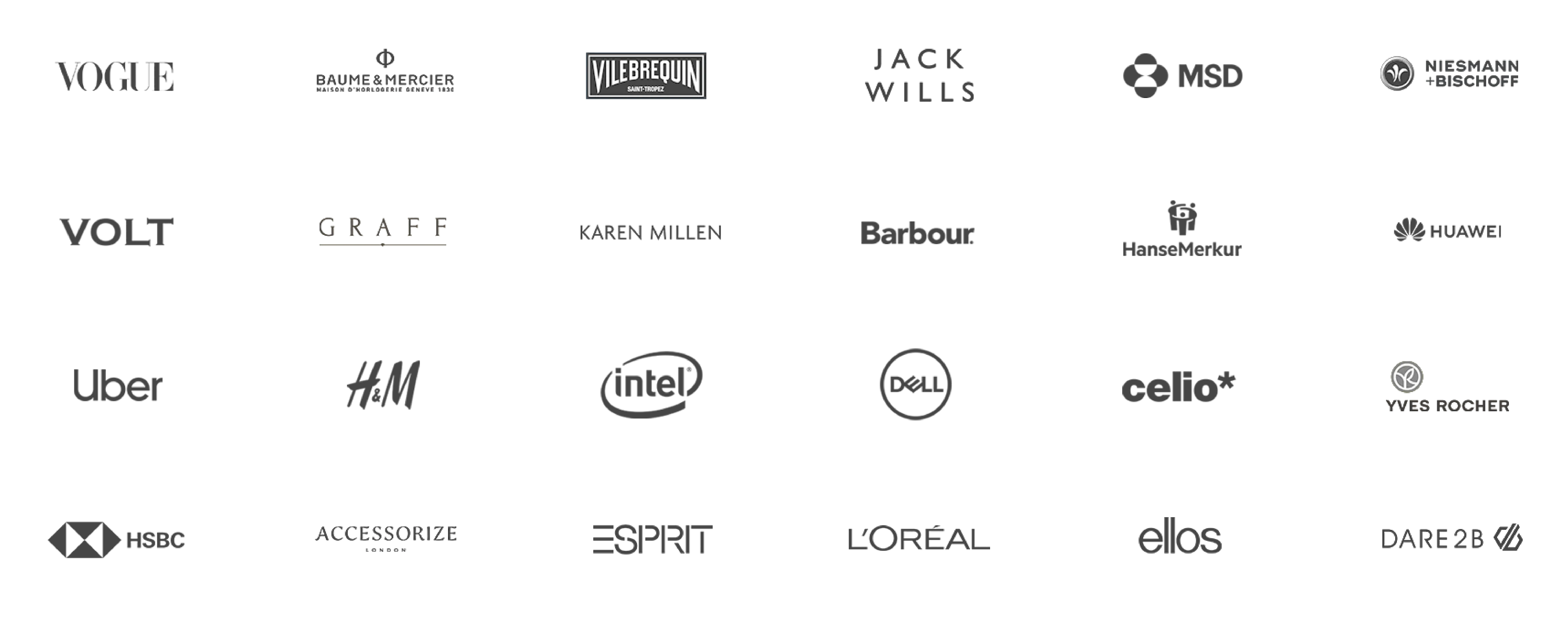 Client logos: Vogue, Baume & Mercier, Vilebrequin, Jack Wills, MSD, Niesmann+Bischoff, Volt, Graff, Karen Millen, Barbour, HanseMerkur, Huawei, Uber, H&M, Intel, Dell, Celio, Yves Rocher, HSBC, Accessorize, Esprit, L’Oréal, Ellos, Dare2b