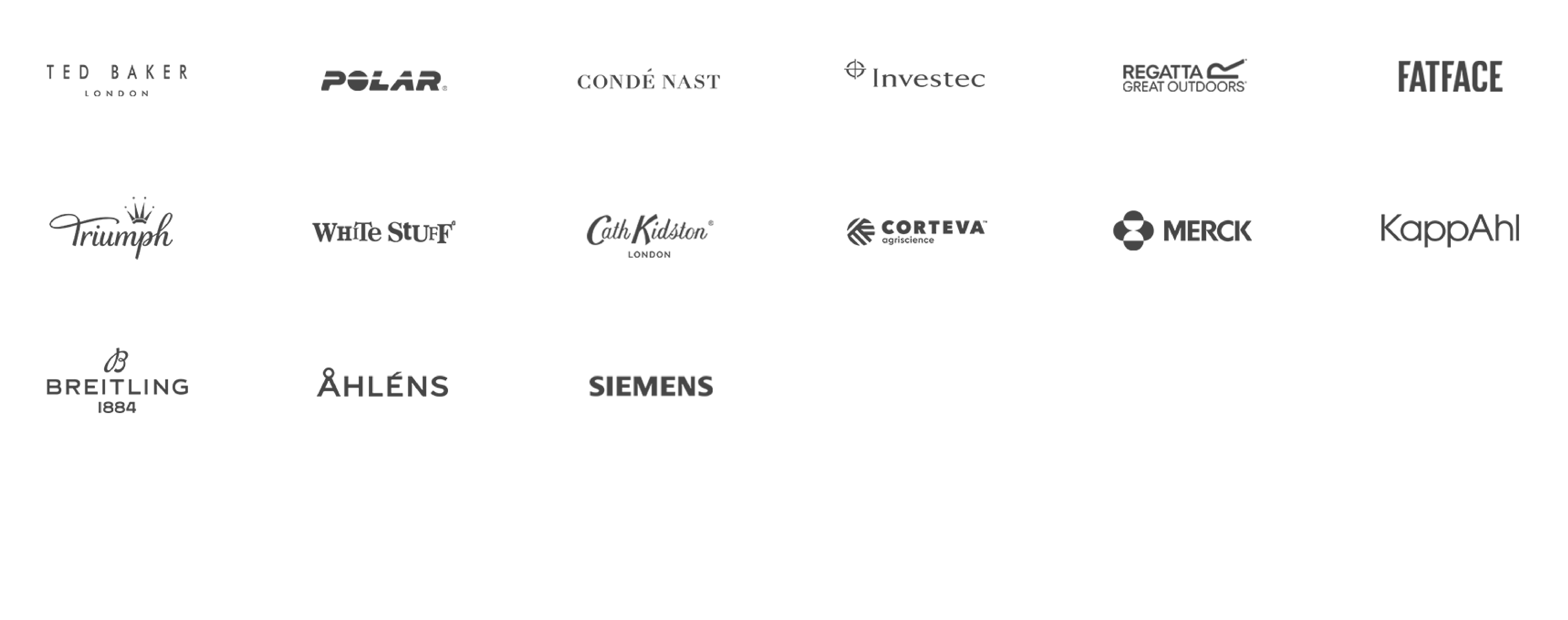 Client logos: Ted Baker, Polar, Condé Nast, Investec, Regatta, FatFace, Triumph, White Stuff, Cath Kidston, Corteva, Merck, KappAhl, Breitling, Åhléns, Siemens